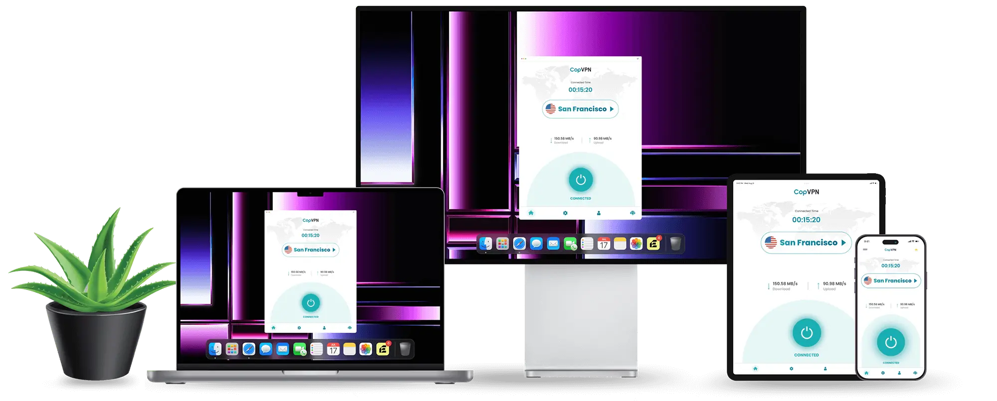This image shows a computer, laptop, tablet, and mobile phone connected to the CopVPN San Francisco server.